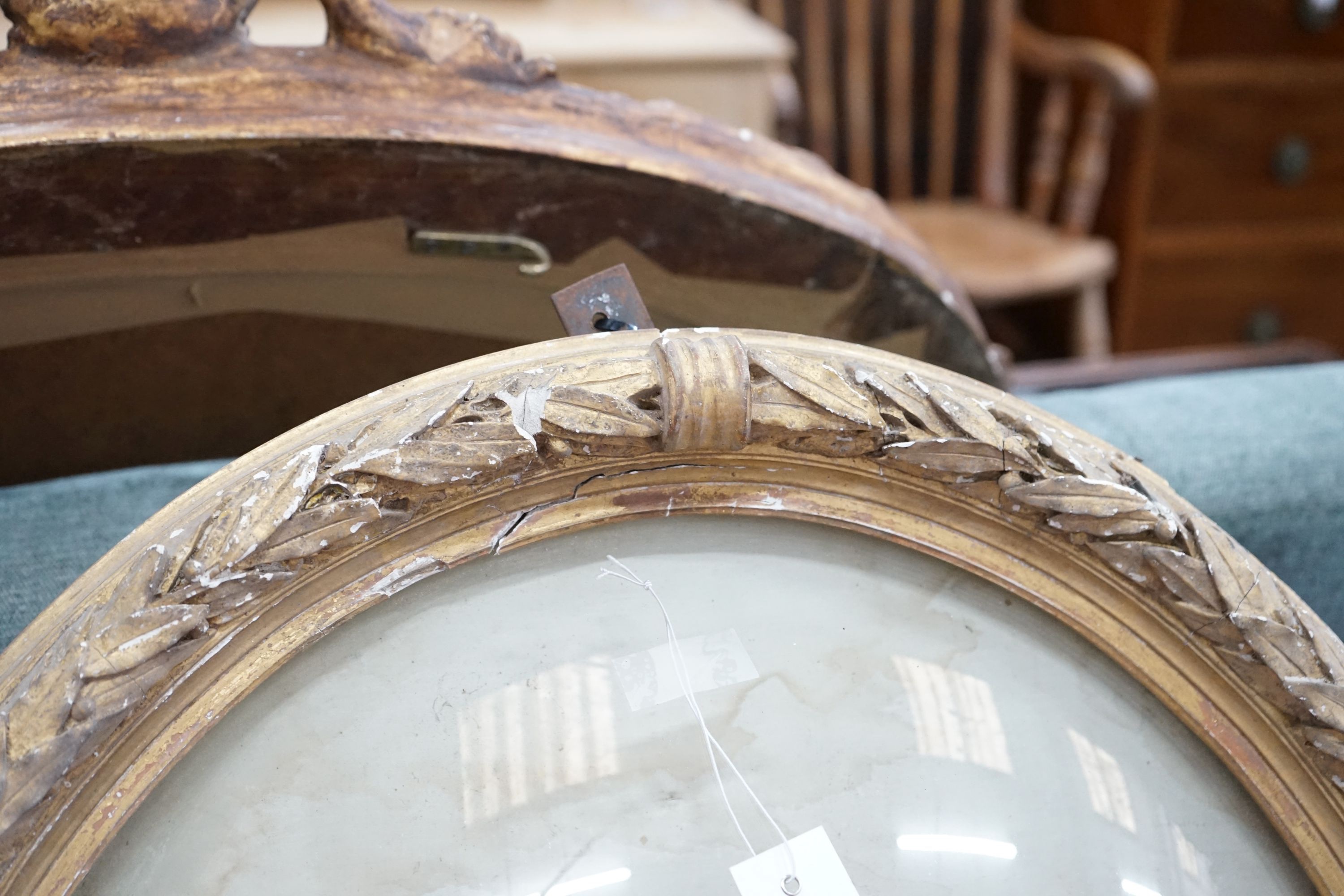 A Victorian oval gilt gesso display frame, width 66cm, height 80cm